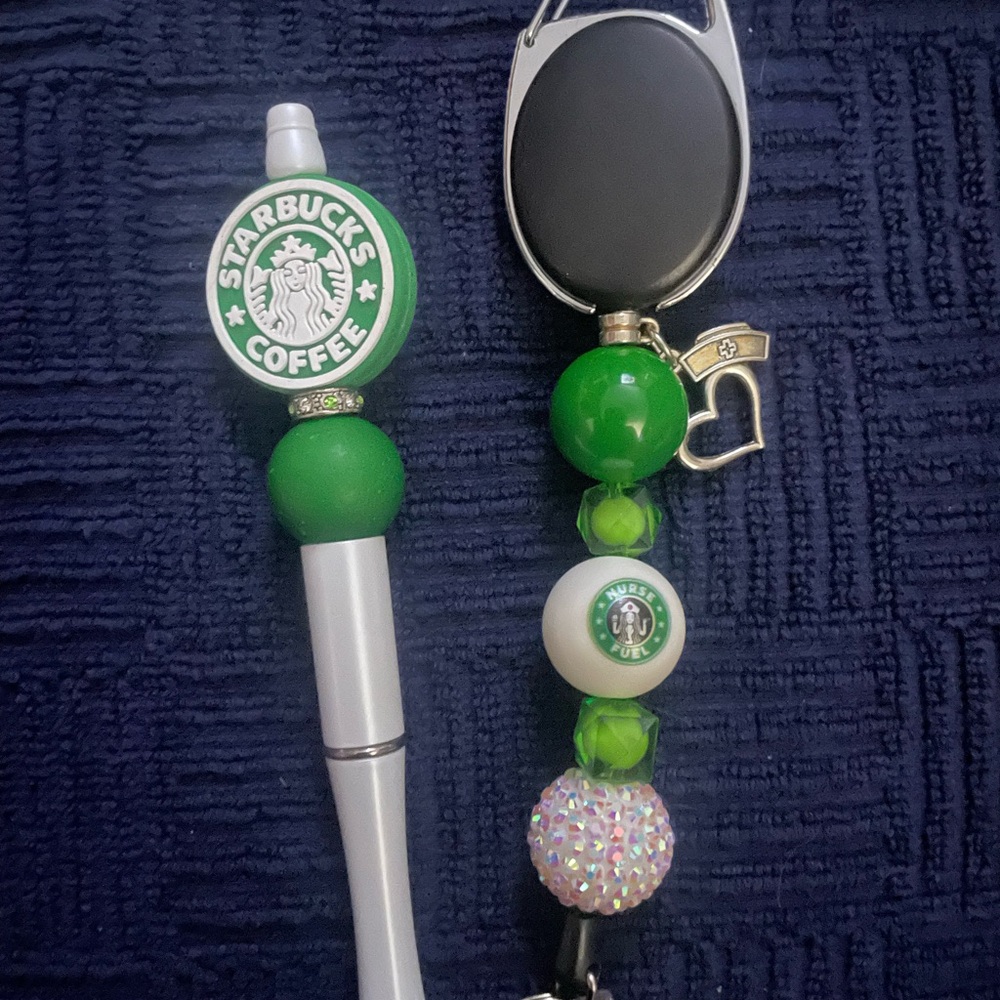 Starbucks/ Nurse Fuel Green and White Beaded Pen and Badge Reel Set